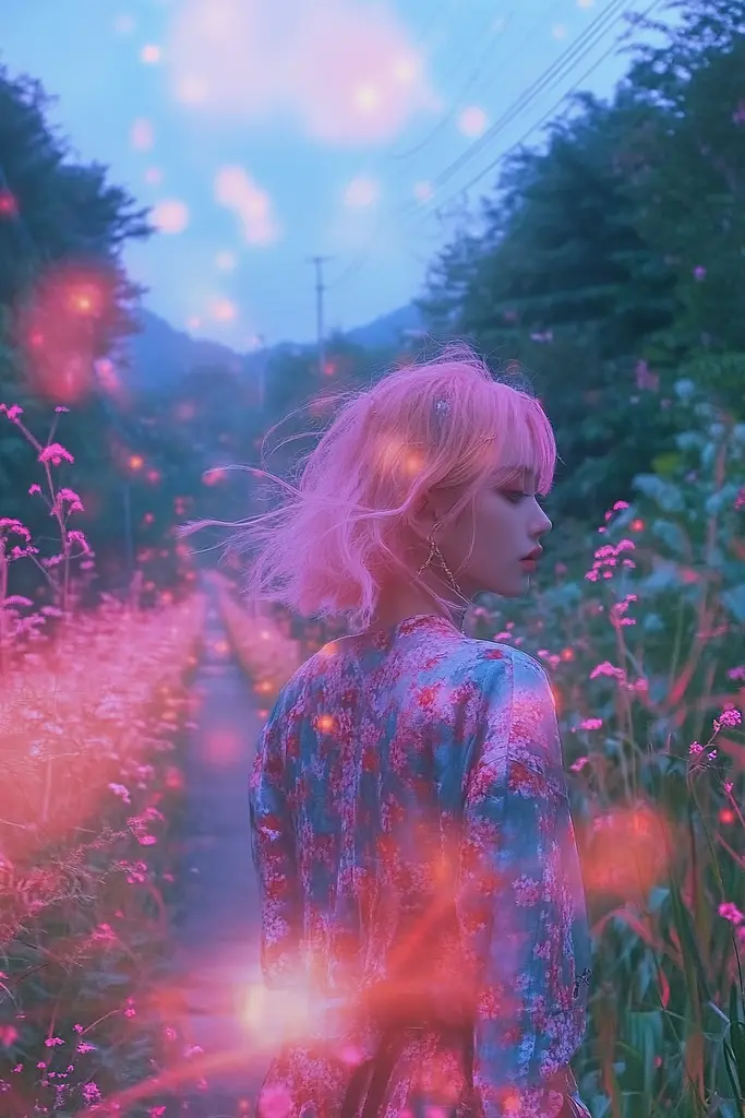Midjourney generated image using SREF code Opaline Drift: A woman with pink hair standing in a field of flowers.