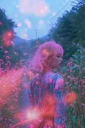 Midjourney generated image using SREF code Opaline Drift: A woman with pink hair standing in a field of flowers.