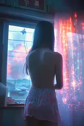 Midjourney generated image using SREF code Opaline Drift: A woman standing in front of a window looking out at the sky.