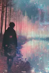 Midjourney generated image using SREF code Opaline Drift: A person walking down a path in the woods.
