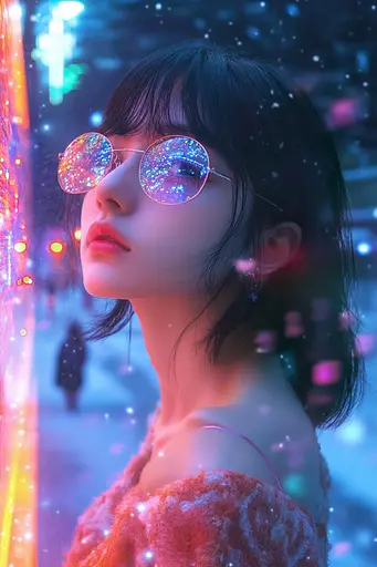 Midjourney generated image using SREF code Opaline Drift: a woman wearing sunglasses standing in front of a neon sign