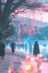 Midjourney generated image using SREF code Opaline Drift: A group of people walking down a path under a tree.