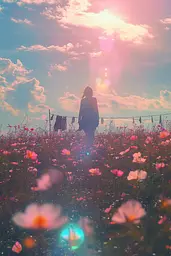 Midjourney generated image using SREF code Opaline Drift: A person standing in a field of flowers at sunset.