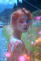 Midjourney generated image using SREF code Opaline Drift: A woman with red hair wearing sunglasses standing in a field of flowers.