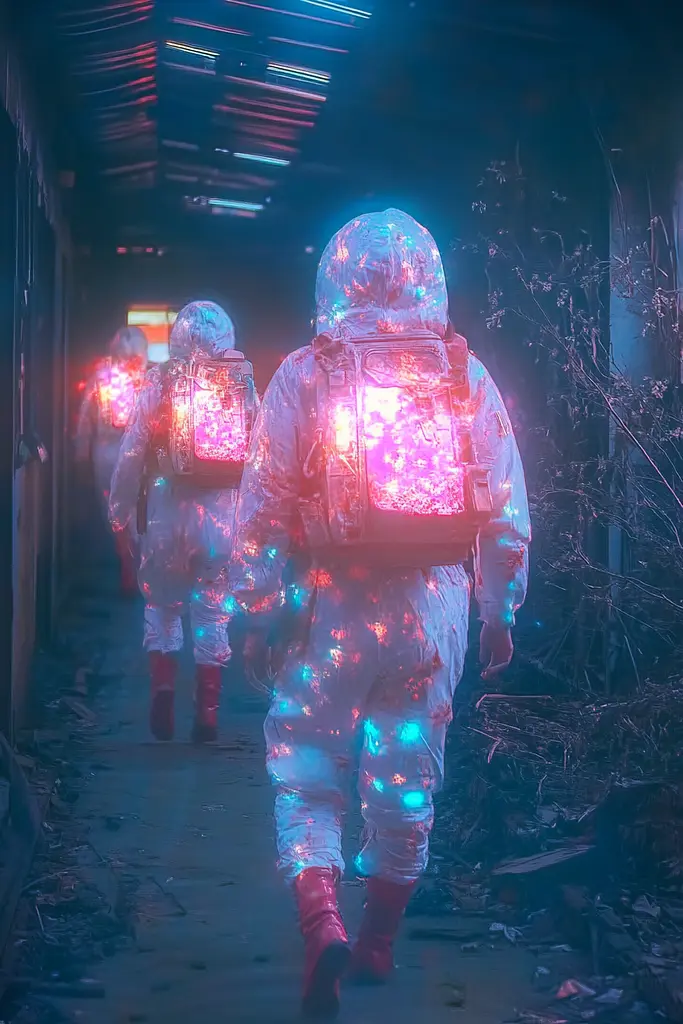 Midjourney generated image using SREF code Opaline Drift: A group of people walking down a hallway with backpacks.