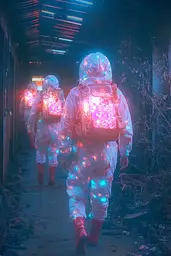 Midjourney generated image using SREF code Opaline Drift: A group of people walking down a hallway with backpacks.