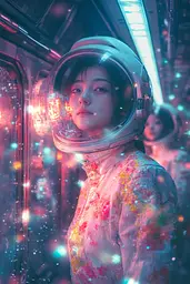 Midjourney generated image using SREF code Opaline Drift: A woman in a space suit standing in front of a window.