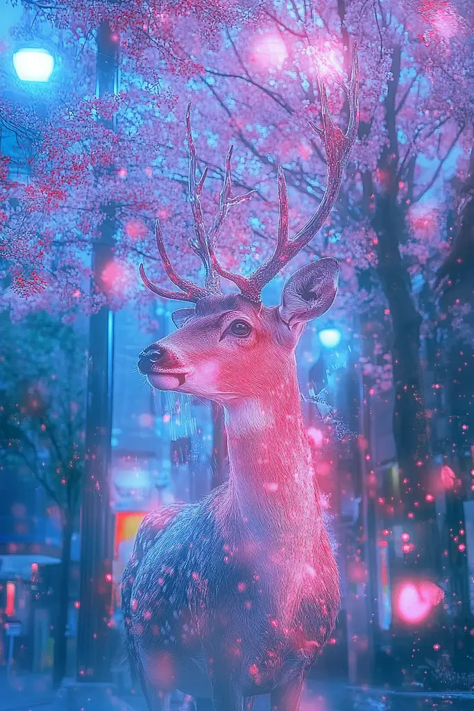 Midjourney generated image using SREF code Opaline Drift: A deer standing in the middle of a city at night.
