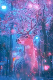 Midjourney generated image using SREF code Opaline Drift: A deer standing in the middle of a city at night.