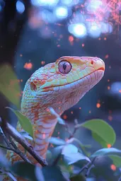 Midjourney generated image using SREF code Opaline Drift: A close up of a snake on a tree branch.