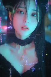 Midjourney generated image using SREF code Opaline Drift: A woman with long black hair wearing a black top.