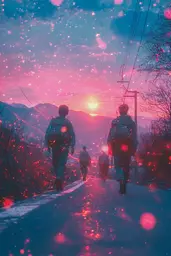 Midjourney generated image using SREF code Opaline Drift: A group of people walking down a road at sunset.