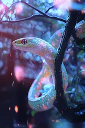 Midjourney generated image using SREF code Opaline Drift: A green snake on a tree branch in the rain.