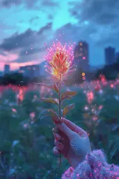 Midjourney generated image using SREF code Opaline Drift: A person holding a flower in their hand in a field.