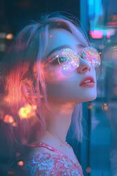 Midjourney generated image using SREF code Opaline Drift: A woman with pink hair wearing a pink dress and sunglasses.