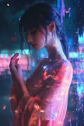 Midjourney generated image using SREF code Opaline Drift: A woman in a pink dress standing in front of a city at night.