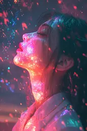 Midjourney generated image using SREF code Opaline Drift: A woman with her eyes closed and her face covered in glitter.