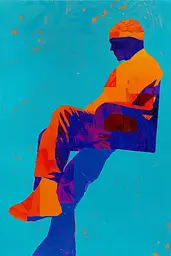 Midjourney generated image using SREF code Vivid Resonance: A man sitting on a chair in front of a blue background.