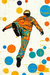 Midjourney generated image using SREF code Prismatic Cascade: A painting of a man jumping in the air surrounded by circles.