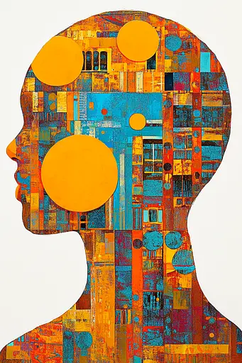 Midjourney generated image using SREF code Prismatic Cascade: A painting of a man's head with a city in the background.