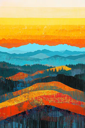 Midjourney generated image using SREF code Prismatic Cascade: A painting of a sunset over a mountain range.