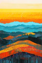 Midjourney generated image using SREF code Prismatic Cascade: A painting of a sunset over a mountain range.