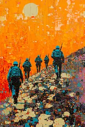 Midjourney generated image using SREF code Prismatic Cascade: A painting of a group of soldiers walking down a hill.