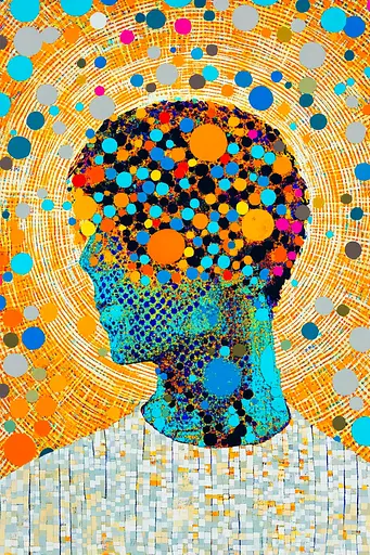 Midjourney generated image using SREF code Prismatic Cascade: A painting of a man's head with colorful circles around it.