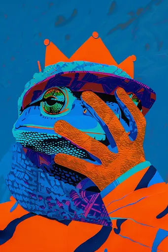 Midjourney generated image using SREF code Vivid Resonance: A lizard wearing a crown and holding his hand to his face.