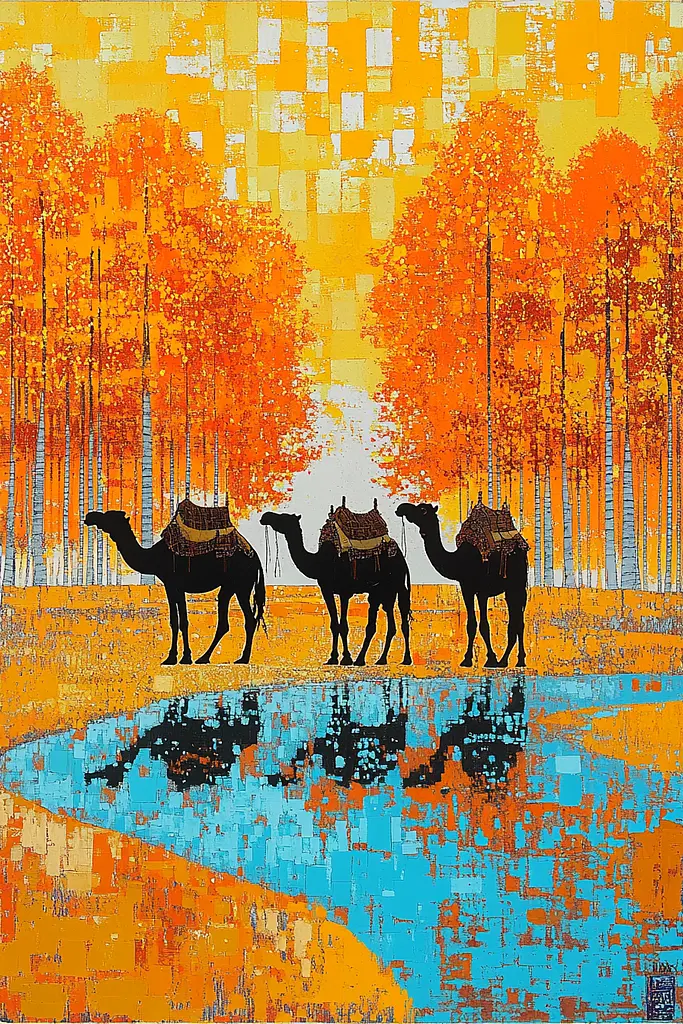 Midjourney generated image using SREF code Prismatic Cascade: A painting of three camels walking in a forest.