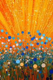 Midjourney generated image using SREF code Prismatic Cascade: A painting of a field of blue and orange circles.