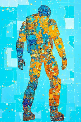 Midjourney generated image using SREF code Prismatic Cascade: A man standing in front of a blue and orange background.