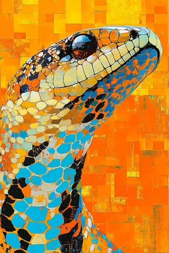 Midjourney generated image using SREF code Prismatic Cascade: A painting of a lizard on an orange background.