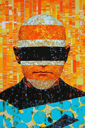 Midjourney generated image using SREF code Prismatic Cascade: A painting of a man with a blindfold on his face.