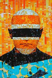 Midjourney generated image using SREF code Prismatic Cascade: A painting of a man with a blindfold on his face.