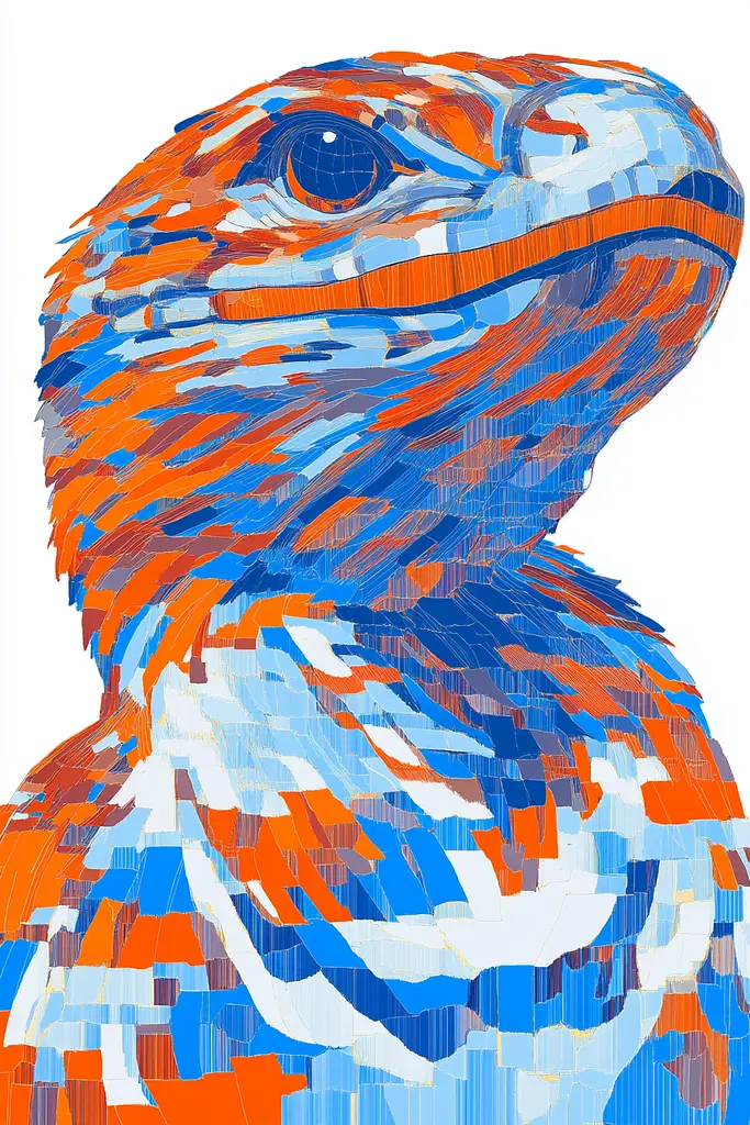 Midjourney generated image using SREF code Electric Riff: A close up of an orange and blue lizard's head.