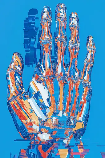 Midjourney generated image using SREF code Electric Riff: A blue and orange hand with a reflection in the water.