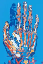 Midjourney generated image using SREF code Electric Riff: A blue and orange hand with a reflection in the water.