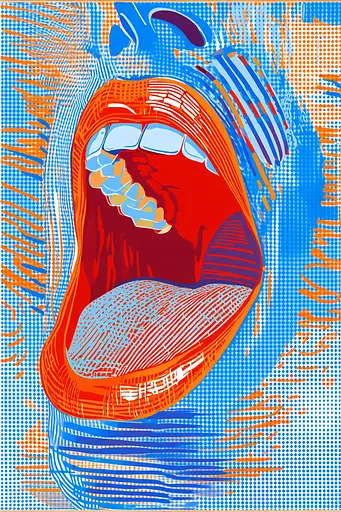 Midjourney generated image using SREF code Electric Riff: A blue and orange poster with a mouth open.