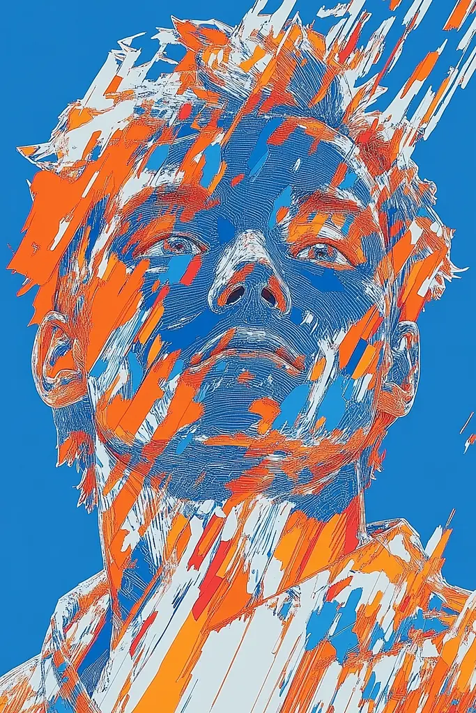 Midjourney generated image using SREF code Electric Riff: A drawing of a man with orange and blue paint splatters on his face.