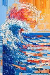 Midjourney generated image using SREF code Electric Riff: A painting of a large wave in the ocean at sunset.