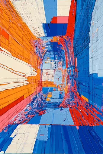 Midjourney generated image using SREF code Electric Riff: A blue and orange abstract painting of a tunnel.