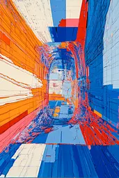 Midjourney generated image using SREF code Electric Riff: A blue and orange abstract painting of a tunnel.