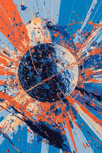 Midjourney generated image using SREF code Electric Riff: A painting of a blue and orange sphere on a blue background.