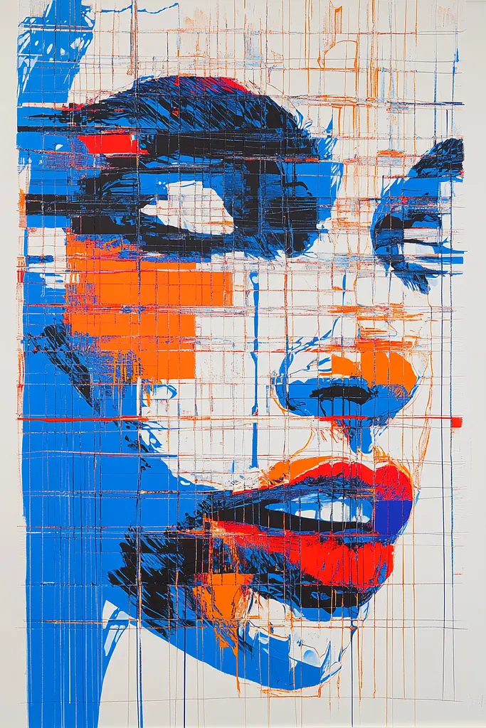 Midjourney generated image using SREF code Electric Riff: A blue and orange painting of a woman's face.