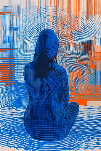 Midjourney generated image using SREF code Electric Riff: A painting of a woman sitting in front of a blue and orange background.