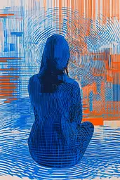 Midjourney generated image using SREF code Electric Riff: A painting of a woman sitting in front of a blue and orange background.