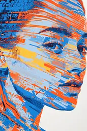 Midjourney generated image using SREF code Electric Riff: a close up of a person's face with a blue and orange background