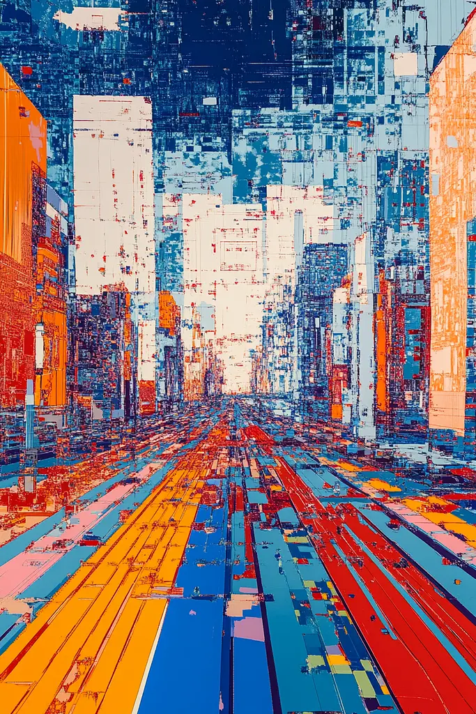 Midjourney generated image using SREF code Electric Riff: A painting of a city street with buildings in the background.