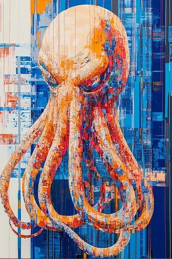 Midjourney generated image using SREF code Electric Riff: A painting of an octopus on a blue background.